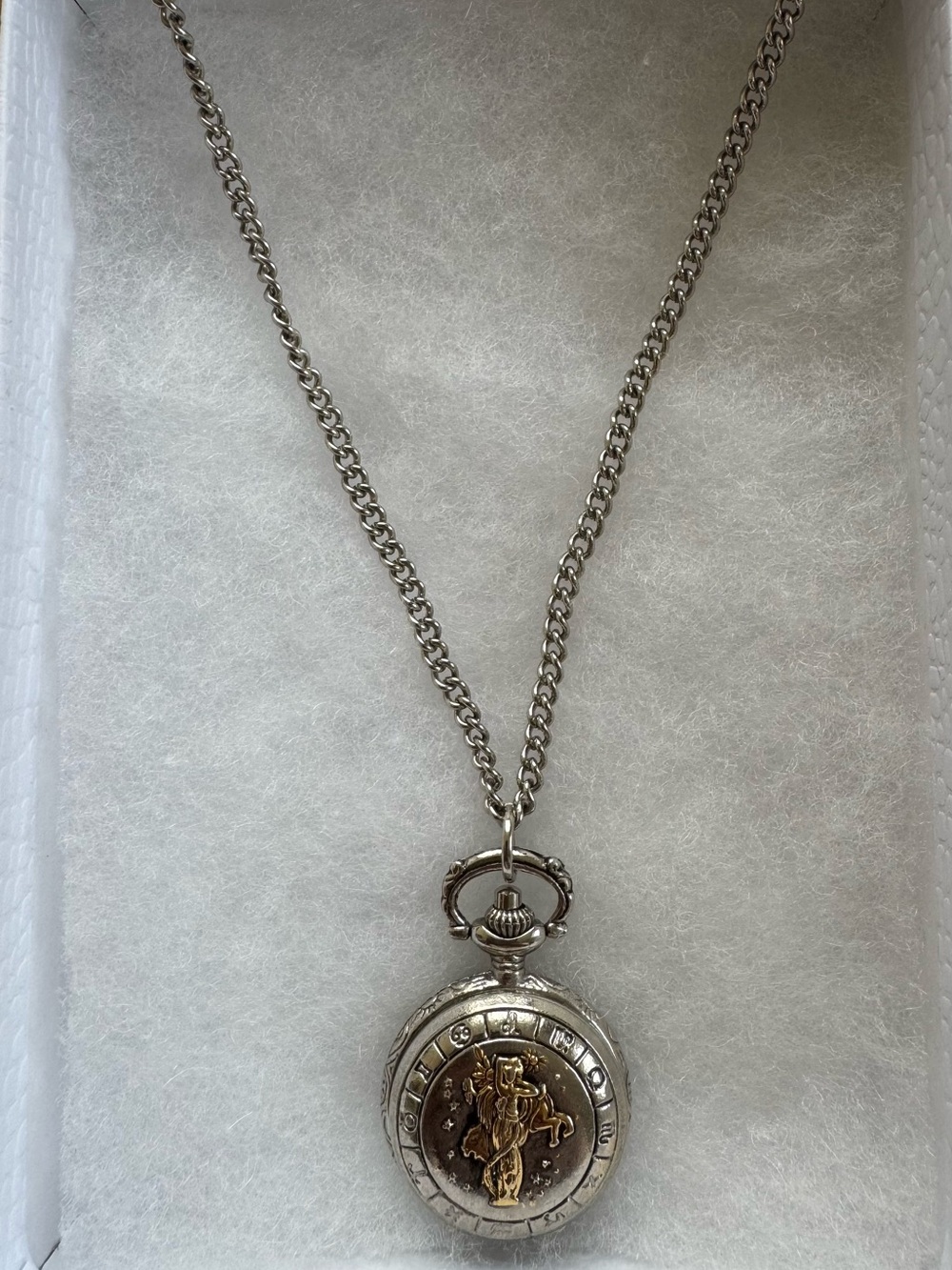 Vintage Silver Pocket Watch Pendant Necklace with Gold Accent